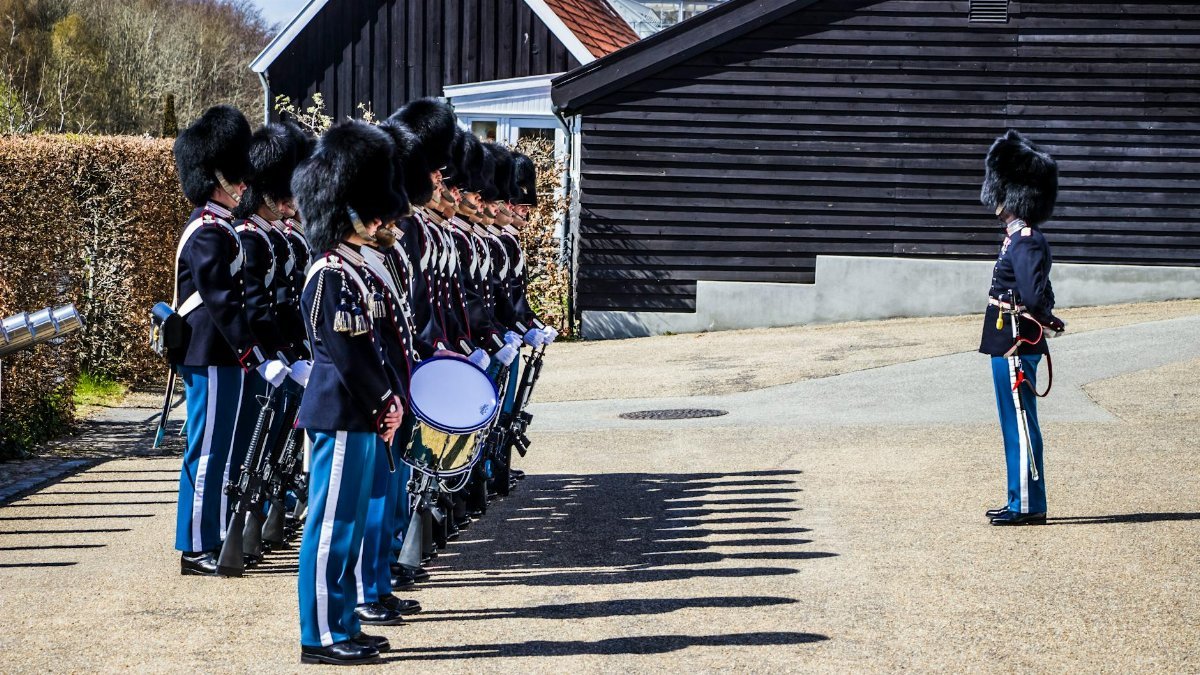 Danish Royal Guards stand in formation during a military ceremony, displaying their iconic uniforms and discipline.