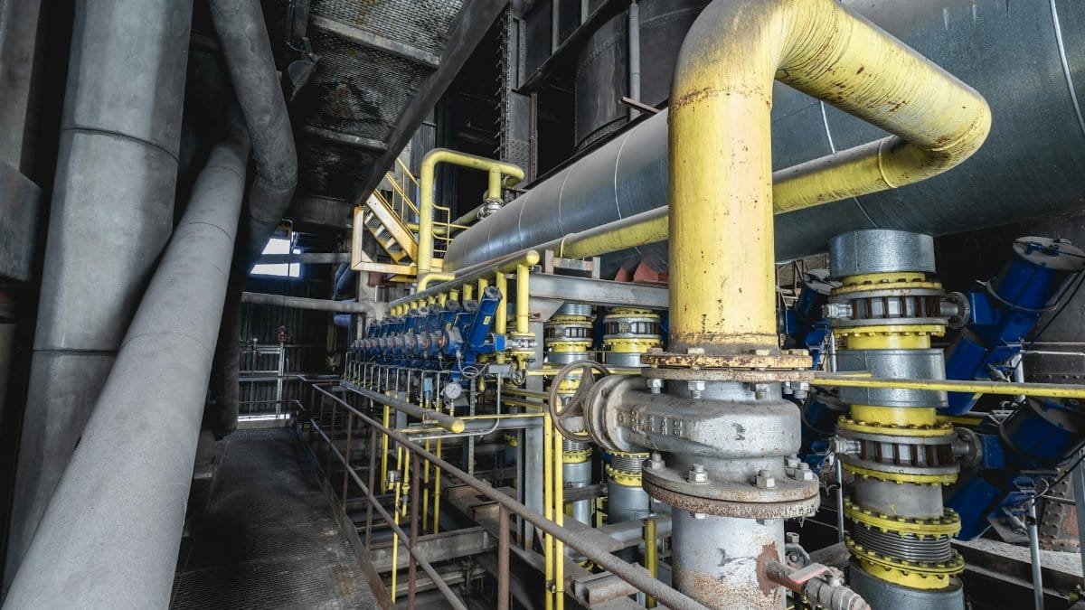 Close-up of an intricate industrial pipeline system featuring yellow valves and steel structures inside a factory.