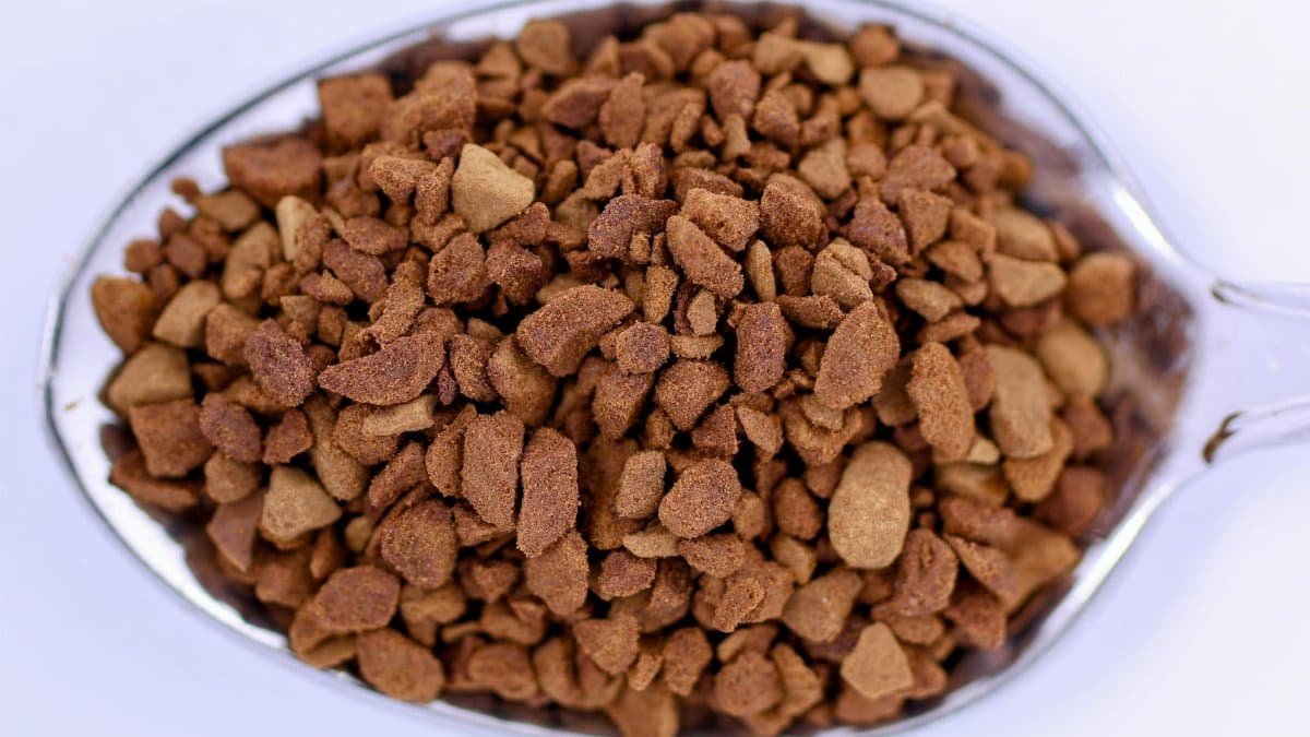 Detailed close-up view of instant coffee granules on a metal spoon, highlighting texture and color.