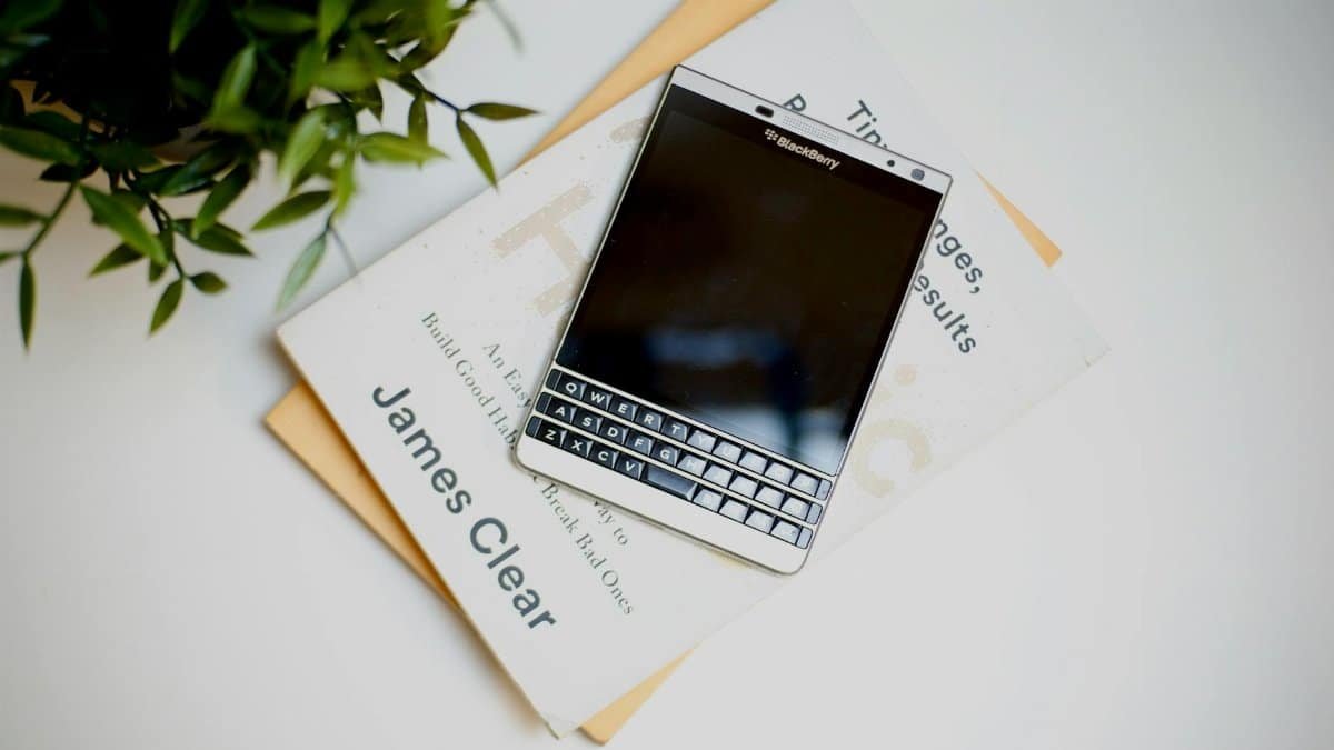 Blackberry phone on books featuring James Clear's work, complemented by fresh green plant.