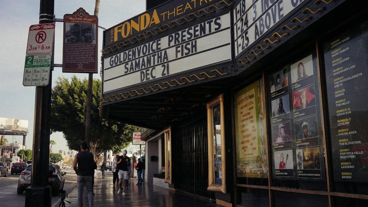 Fonda Theatre exterior in Los Angeles with marquee listing upcoming shows.