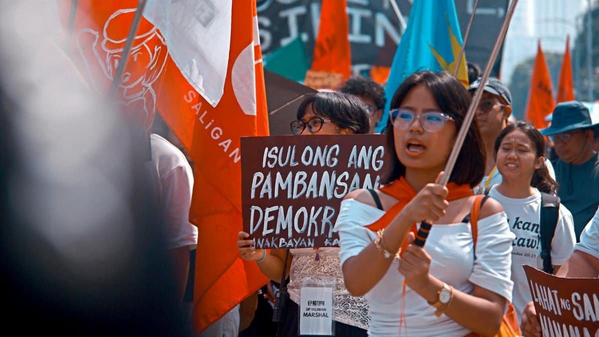 Demonstration with diverse adults holding signs and banners, expressing national democracy advocacy.