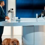 Two hosts discussing at a modern TV studio with a dog laying by. Engaging professional setup.