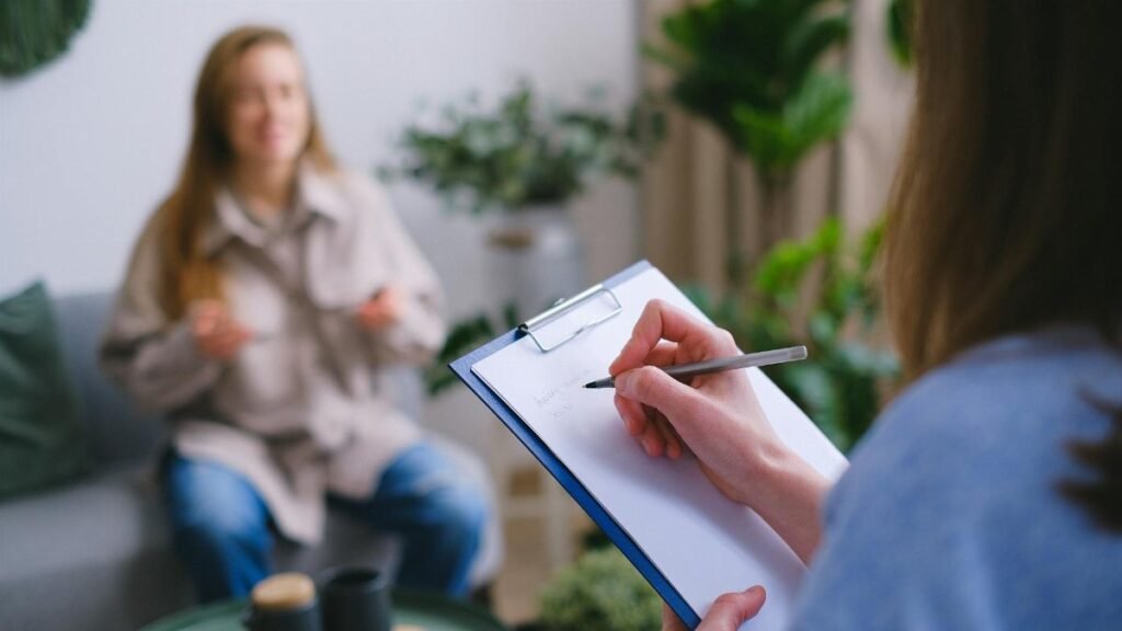 Unrecognizable professional female psychologist writing on clipboard while sitting against client on blurred background during psychotherapy session in light office