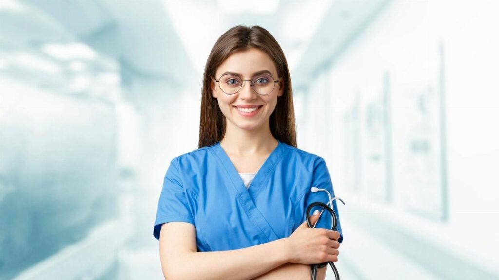 Young nurse in blue scrubs smiling and holding a stethoscope in a hospital corridor.