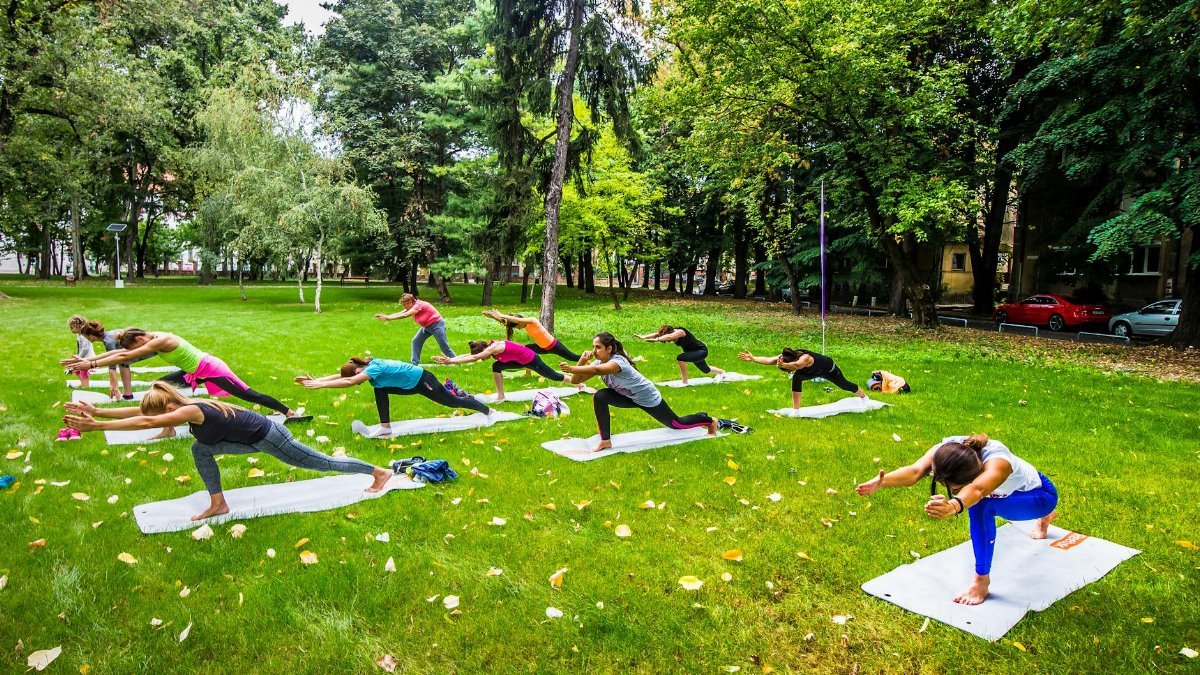Women practicing yoga in an open park surrounded by lush greenery, promoting fitness and well-being.