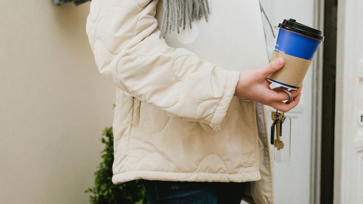 A person in a casual jacket holding a laptop, keys, and coffee cup outdoors.