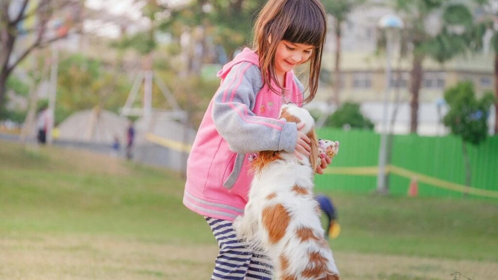 A young girl enjoys playful moments with her pet Cavalier King Charles Spaniel in a sunny park.