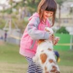 A young girl enjoys playful moments with her pet Cavalier King Charles Spaniel in a sunny park.