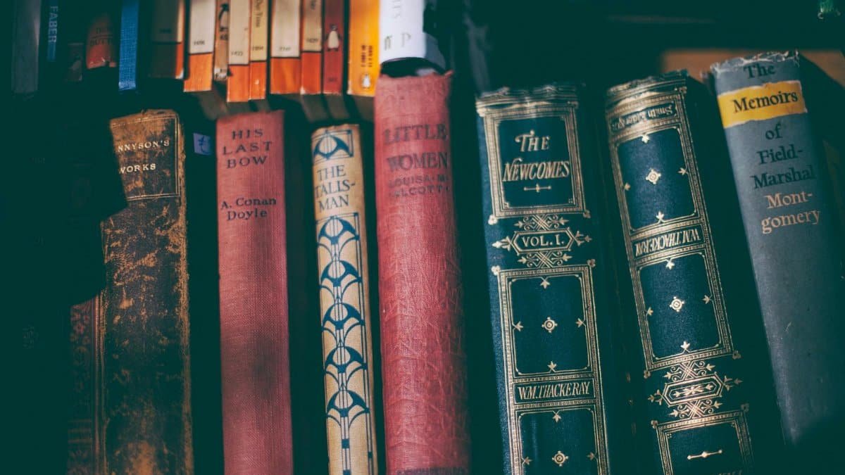 Close-up of a vintage book collection on a wooden shelf, showcasing classic literature.