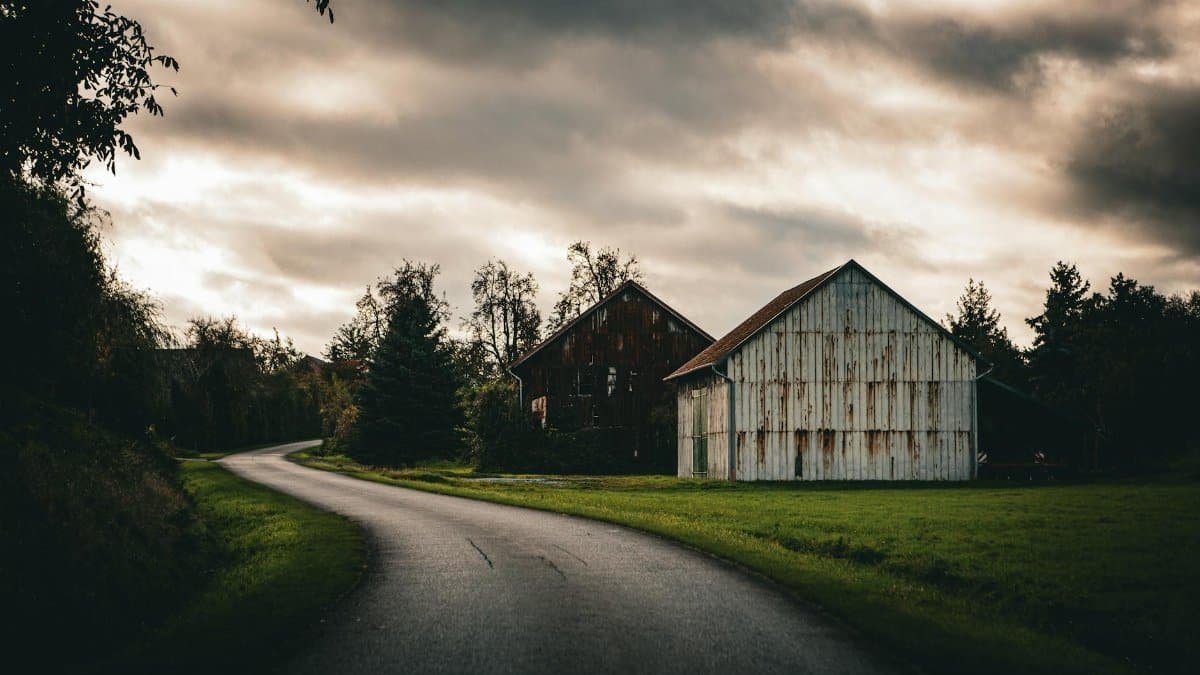 Serene rural landscape with barns at dusk along a winding country road.
