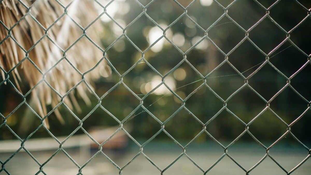 Detailed view of a chain link fence against a blurred outdoor backdrop.