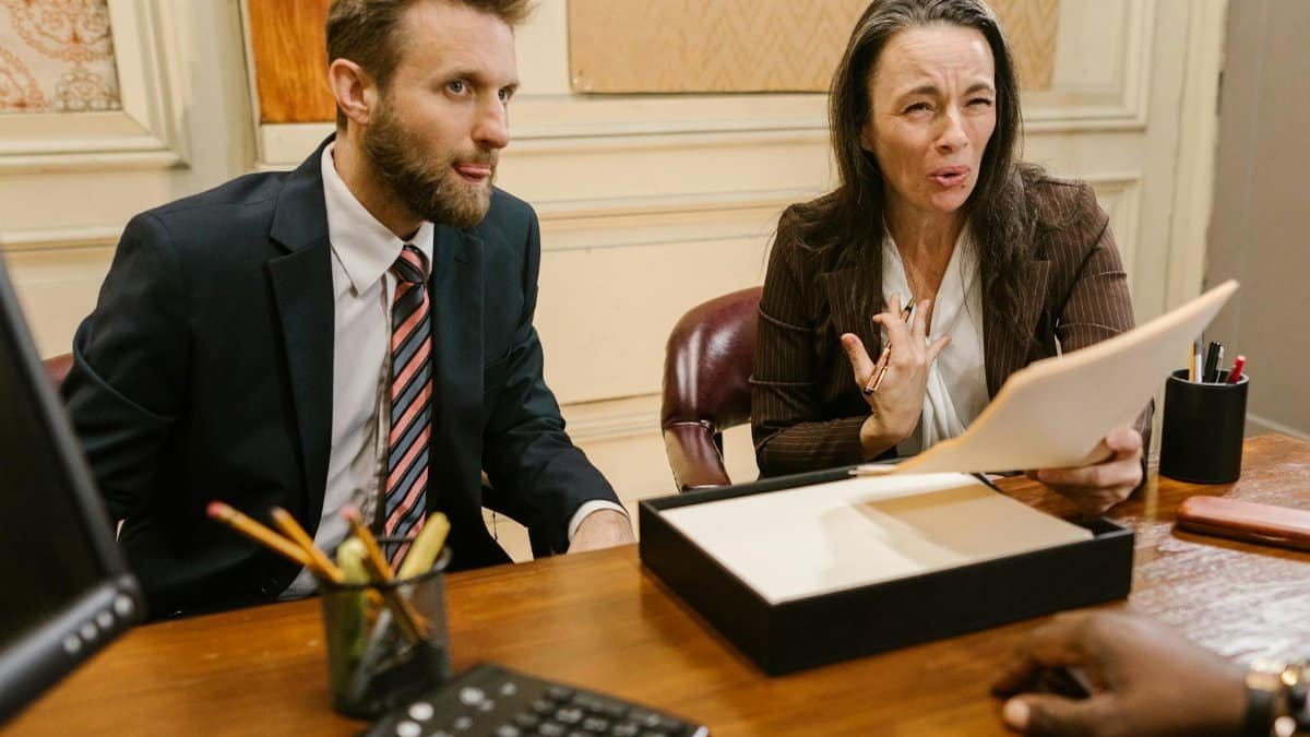 Lawyers discussing legal documents in a professional office setting.
