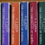 Rows of C.S. Lewis's 'The Chronicles of Narnia' books on a shelf, vibrant and inviting.