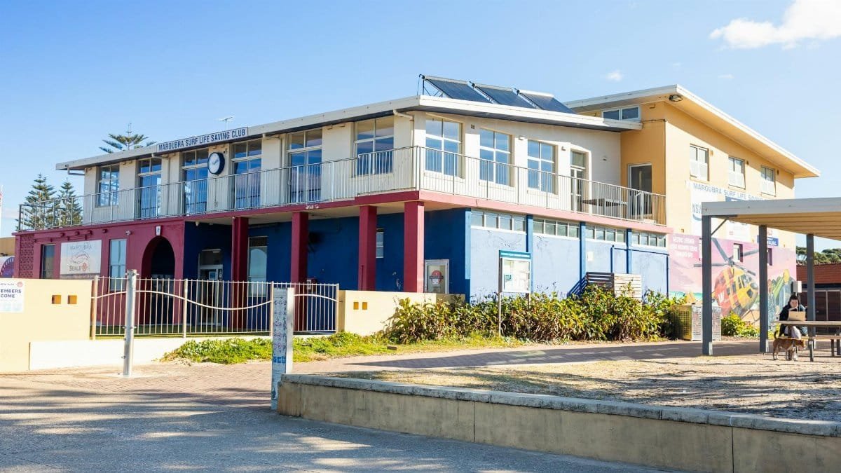 View of Maroubra Surf Life Saving Club in daylight capturing its vibrant exterior and adjacent walkway.