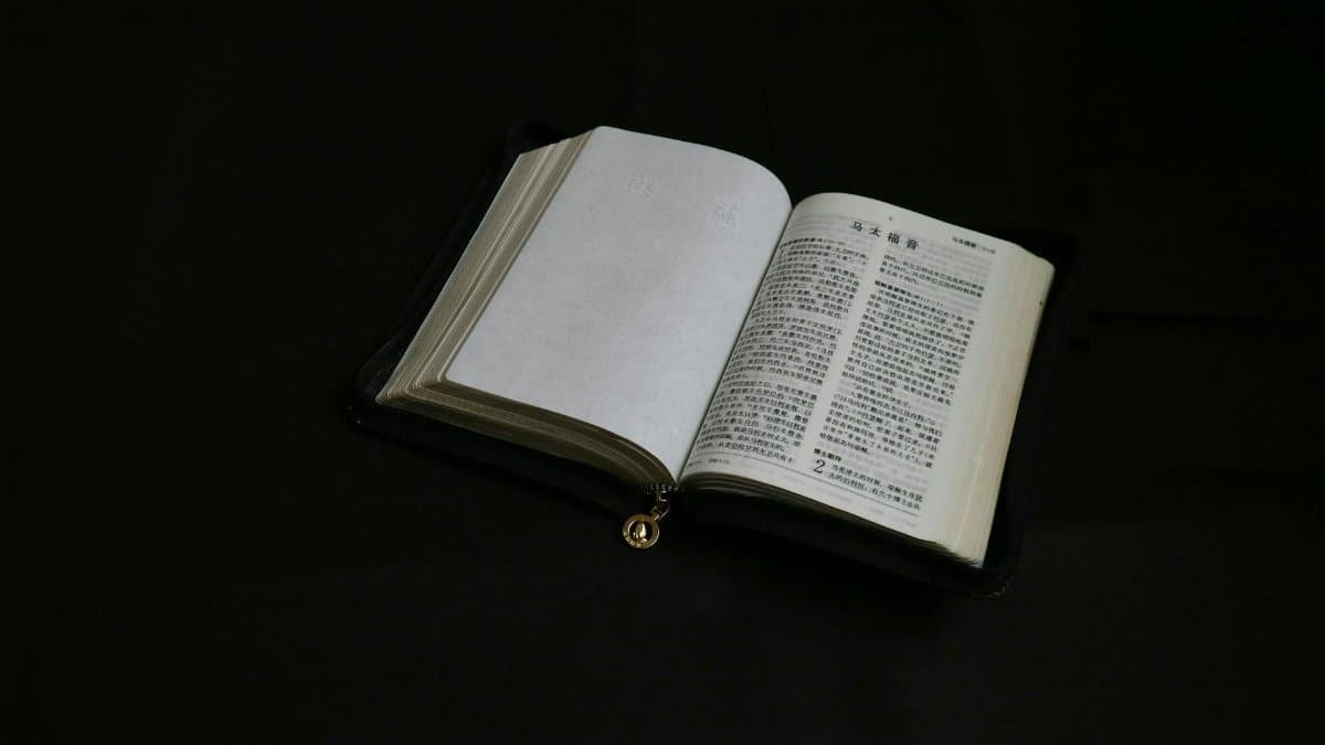 Open book with Chinese text on a dark background, studio still life shot.