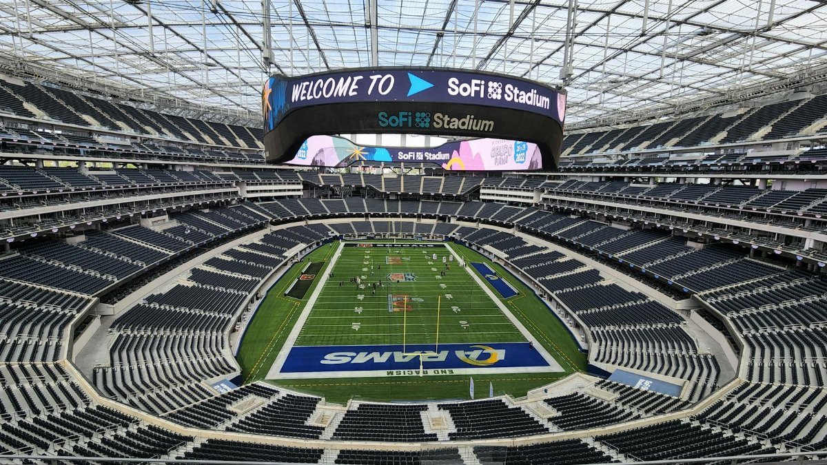 Aerial view of SoFi Stadium in Los Angeles with empty seats and sports field.