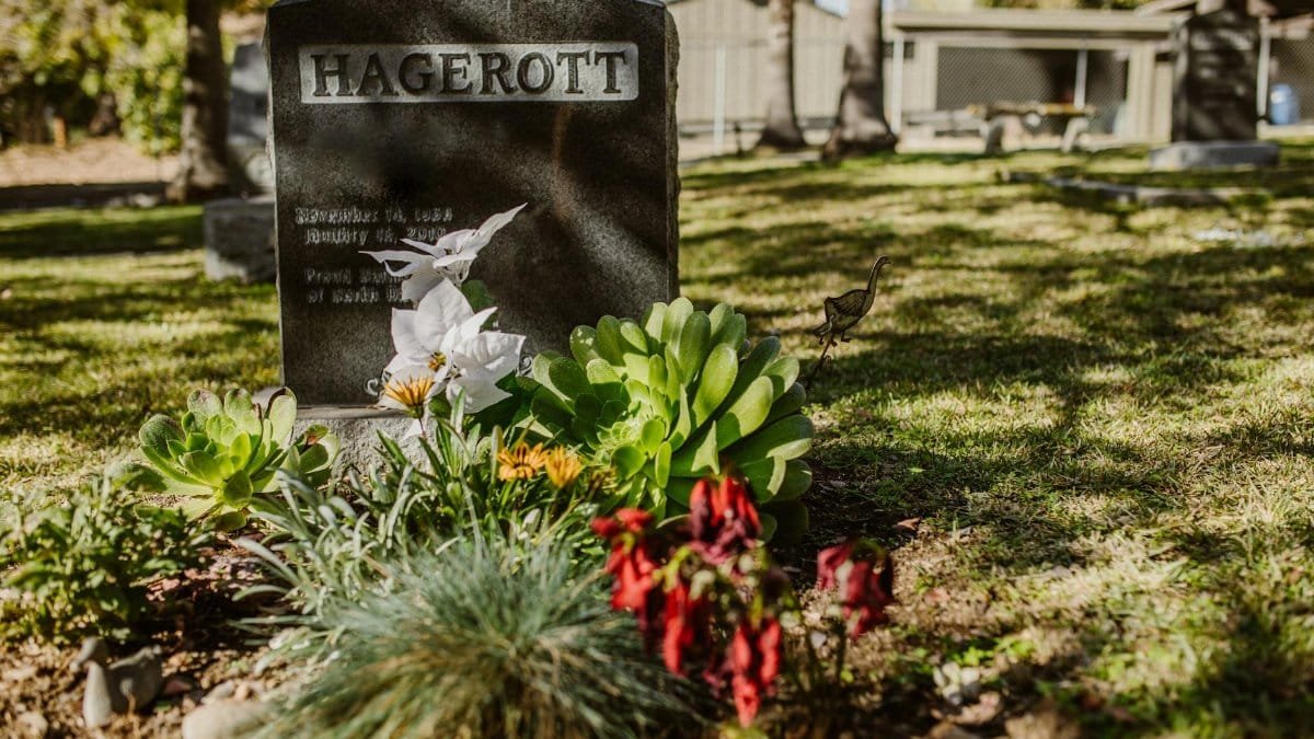 Gravestone in a peaceful cemetery surrounded by greenery and flowers.