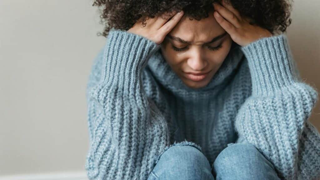 Young woman with curly hair looks thoughtful and pensive, wearing a cozy sweater indoors.