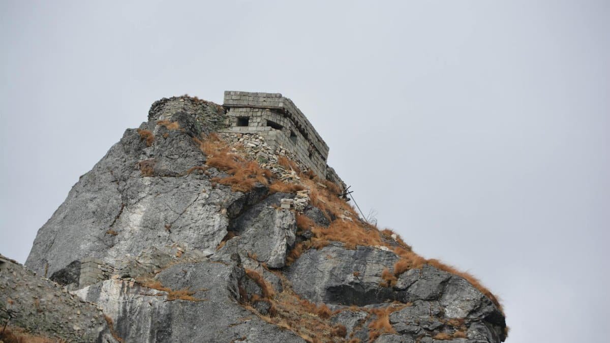 Isolated mountain bunker atop rugged cliffs in the Himalayan range, Gangtok.