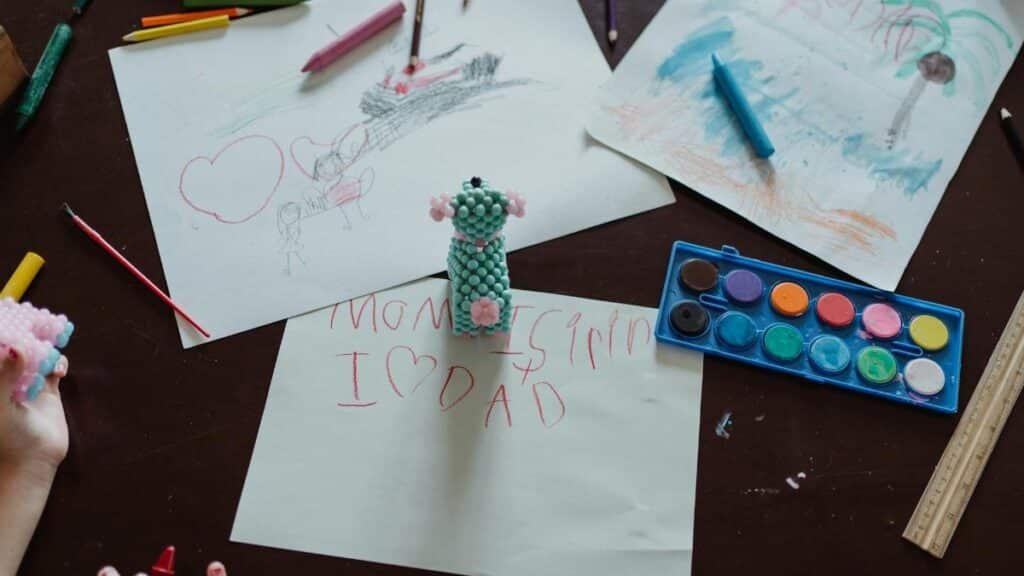Children's art area with colorful drawings, crayons, and paints, showcasing creative activities.