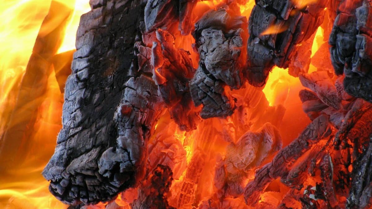 Detailed view of hot embers and flames from burning charcoal. A vibrant display of fire and heat.