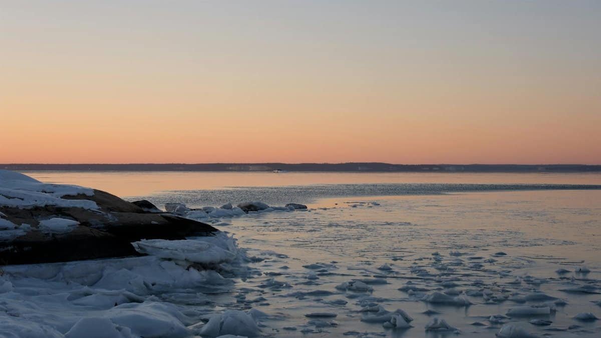Peaceful winter sunrise at Cove Island Park, Stamford with icy waters and a warm glow.