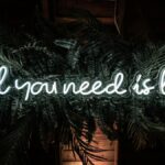 A vibrant neon sign stating 'All You Need is Love' surrounded by lush green leaves.