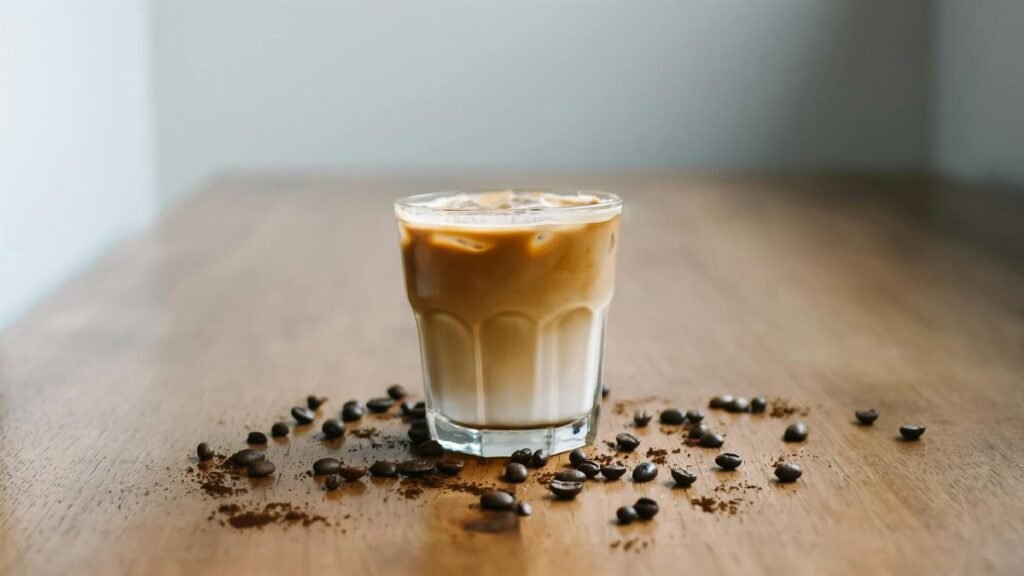 Refreshing iced latte with coffee beans on a wooden table surface.