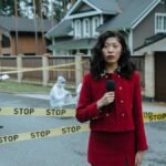 A journalist in a red outfit reporting live from a crime scene outdoors with stop tape and police presence.