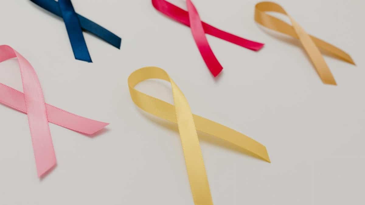 A collection of colorful awareness ribbons symbolizing various causes on a white surface.