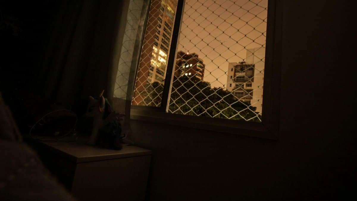 A night view of city buildings from inside a room with a mesh-covered window.