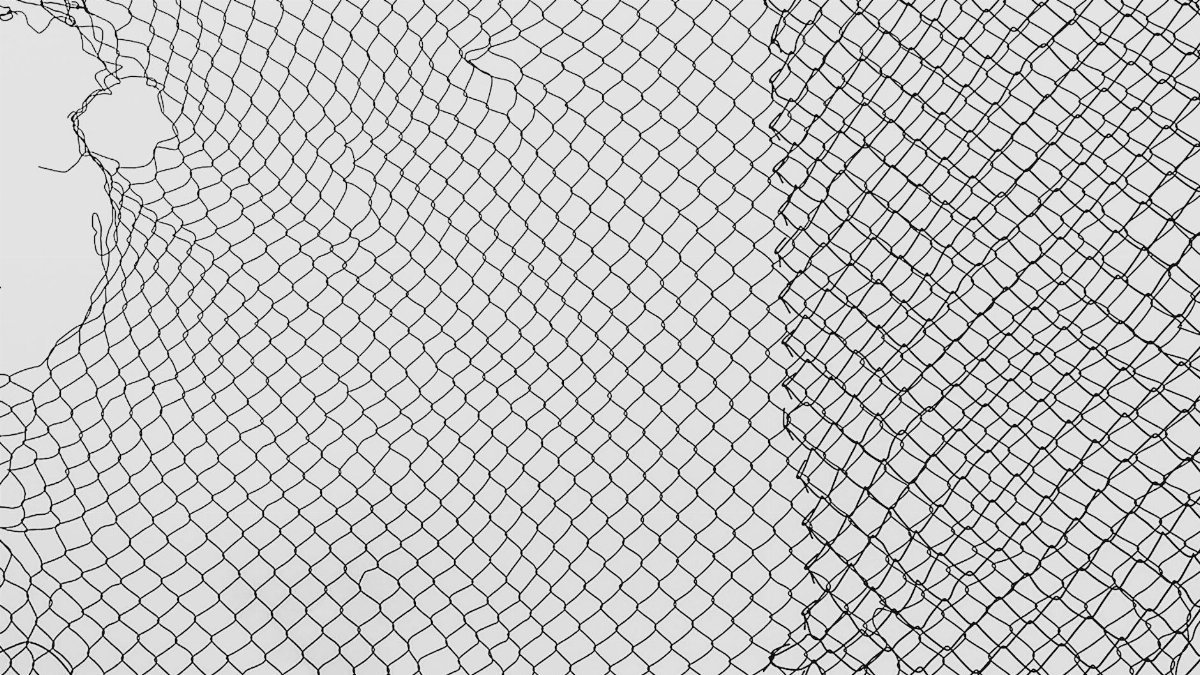 A close-up view of a torn, black safety net with intricate patterning against a white background.