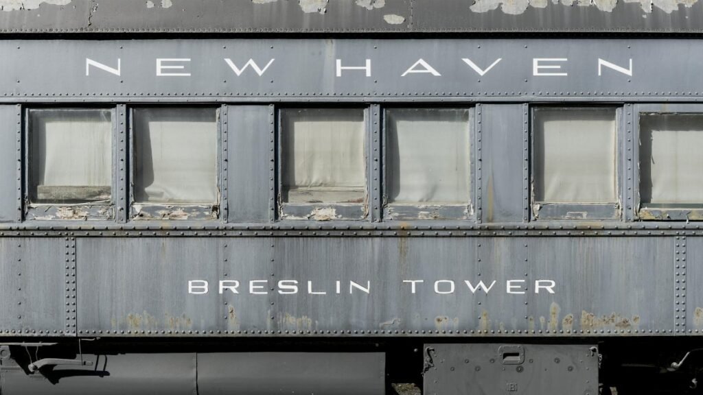 Close-up view of vintage New Haven Railroad car 'Breslin Tower'.