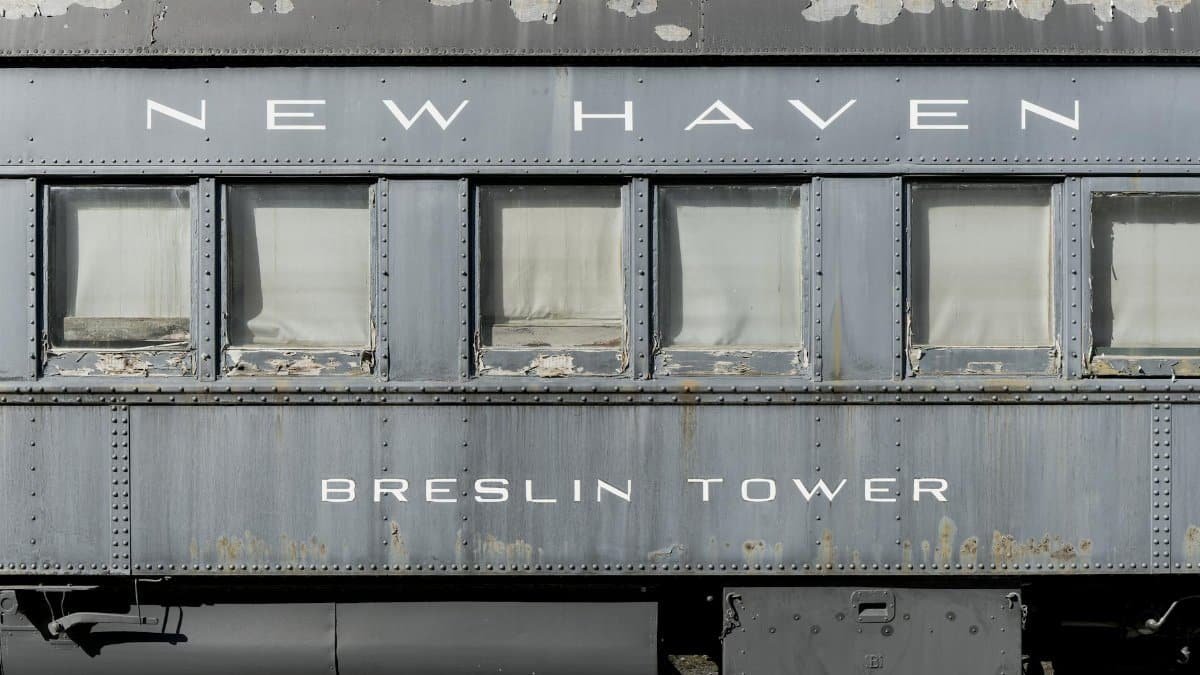 Close-up view of vintage New Haven Railroad car 'Breslin Tower'.