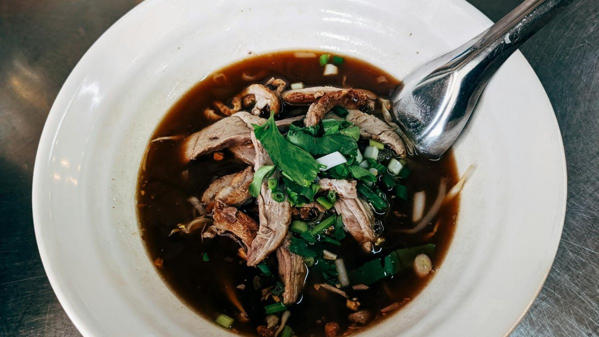 A close-up of a tasty Asian duck soup garnished with greens in a ceramic bowl with a spoon.