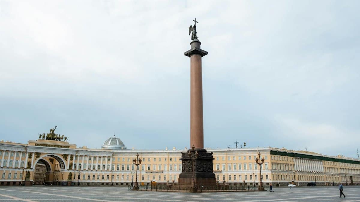 View of the iconic Alexander Column in Palace Square, St. Petersburg, Russia.