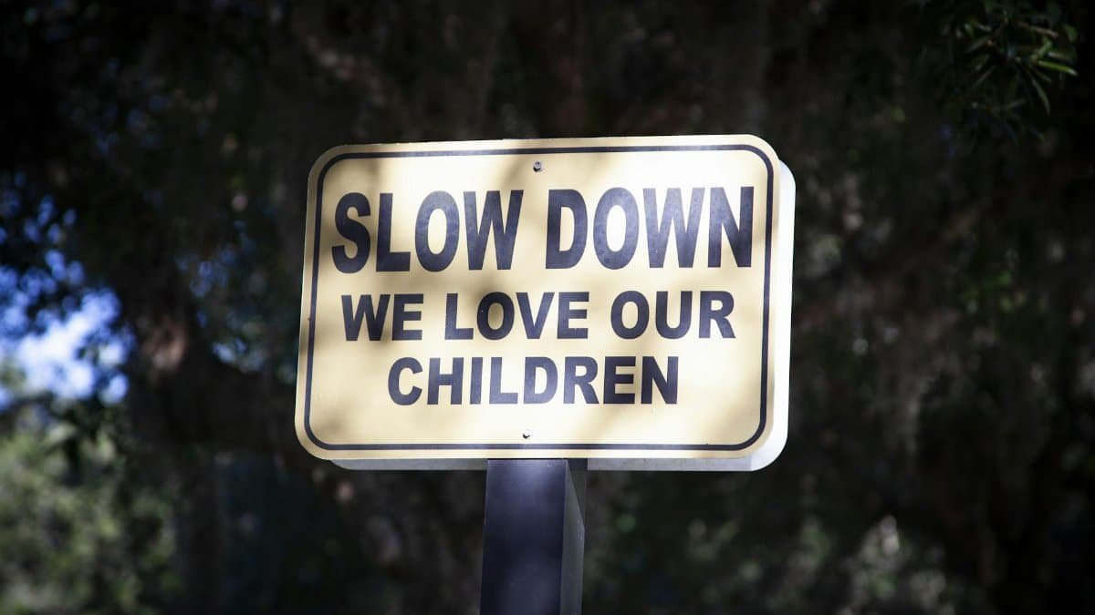 Close-up of a street sign reading 'Slow Down We Love Our Children' in a sunny outdoor setting.