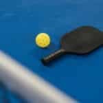 A pickleball paddle and ball resting on a blue court surface with a net in focus.