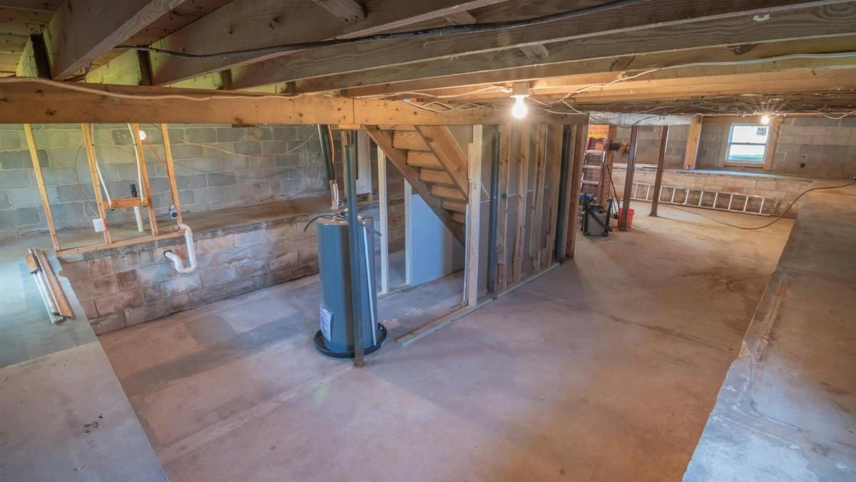 Empty basement with exposed beams and plumbing pipes, ideal for renovation.