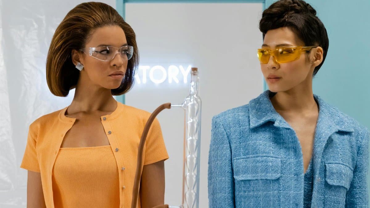 Modern twist on science with fashionable scientists in protective eyewear and stylish attire.