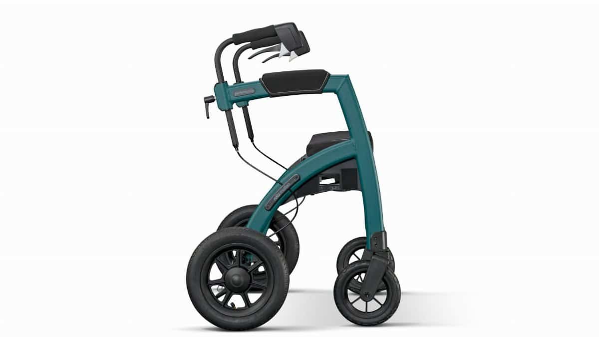 Sleek teal walker with ergonomic design on white background for mobility aid