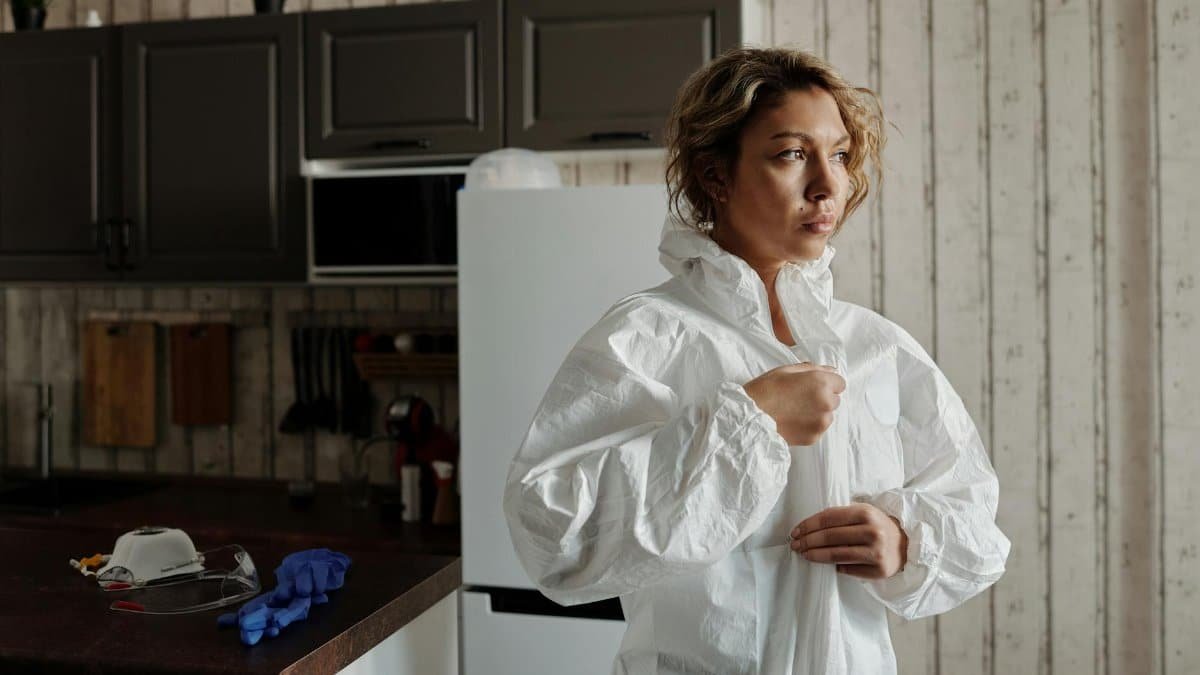A woman zipping a protective suit in the kitchen, symbolizing safety and new normal.