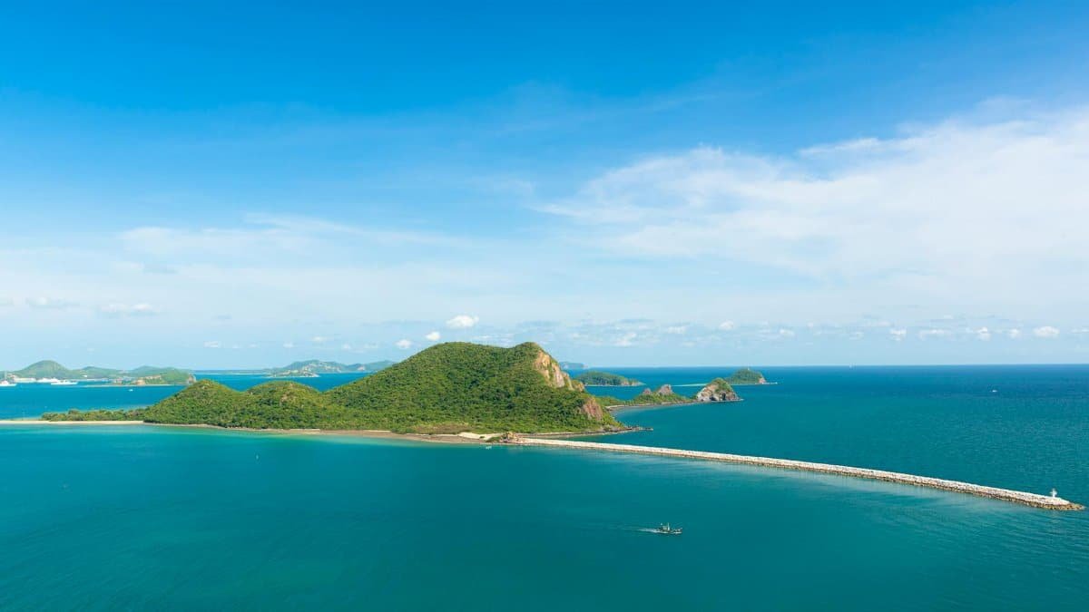 Aerial view of lush tropical island and turquoise ocean under clear sky.