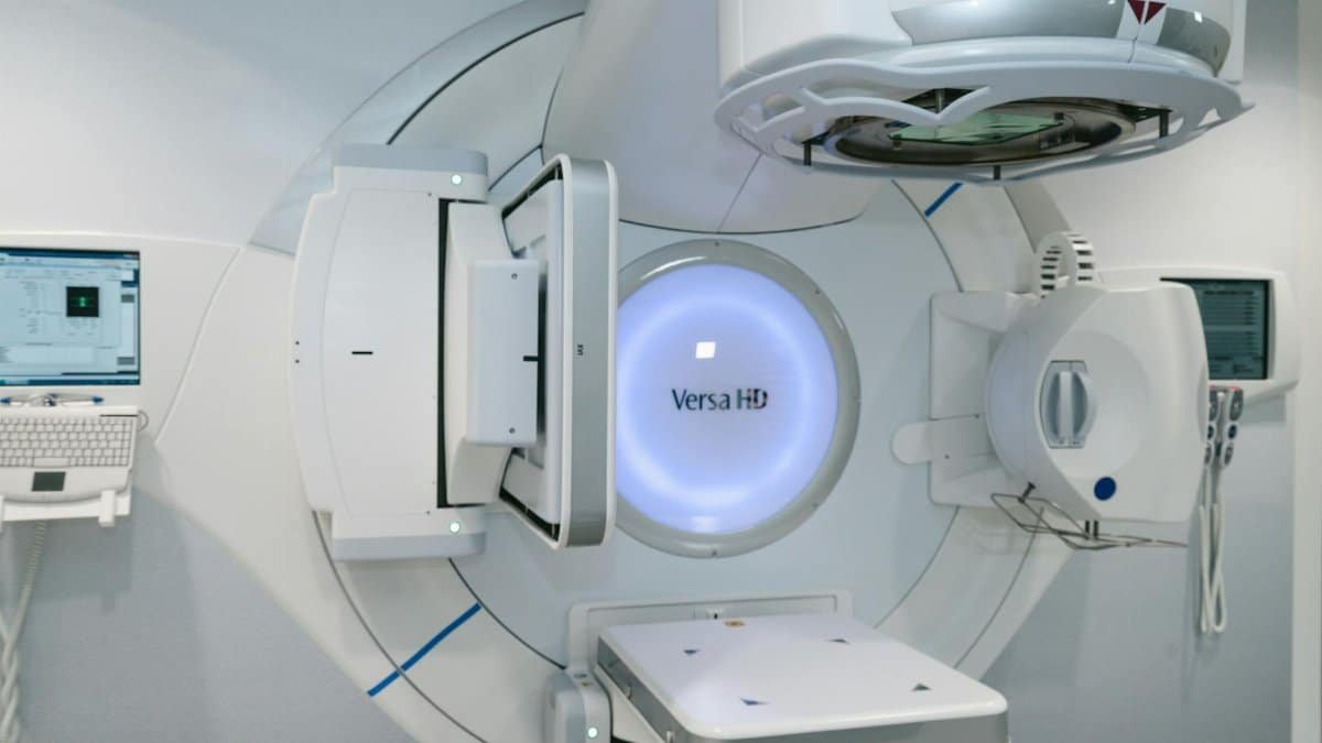 State-of-the-art radiation therapy machine used for cancer treatment in a medical facility.