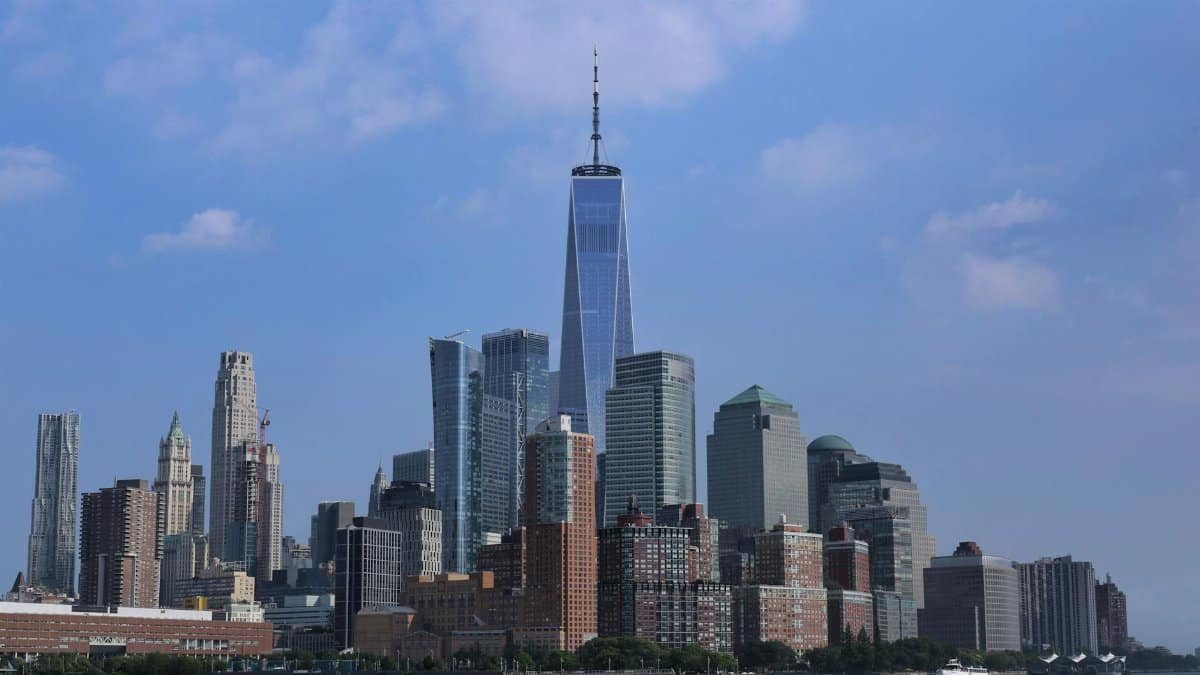 Captivating view of New York City's skyline featuring the iconic One World Trade Center.