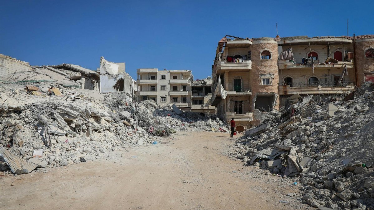 Rubble and destruction in Idlib, Syria showcasing urban devastation and ruins.