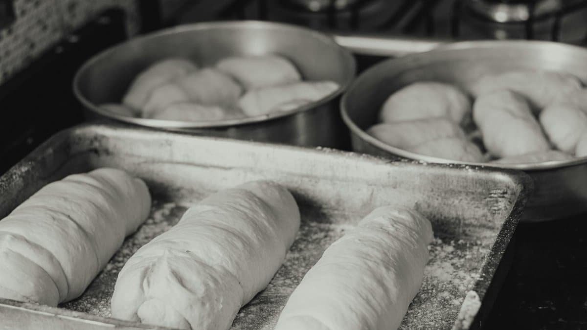 Monochrome image of raw dough placed on trays, ready for baking.
