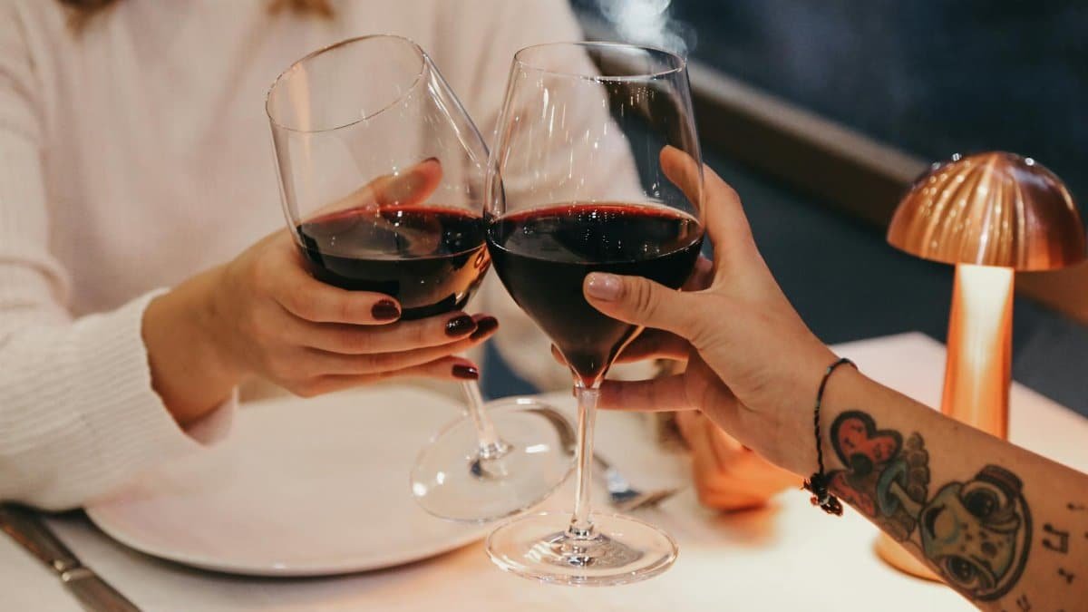 Friends clinking red wine glasses at a cozy dinner setting, embracing relaxation and enjoyment.