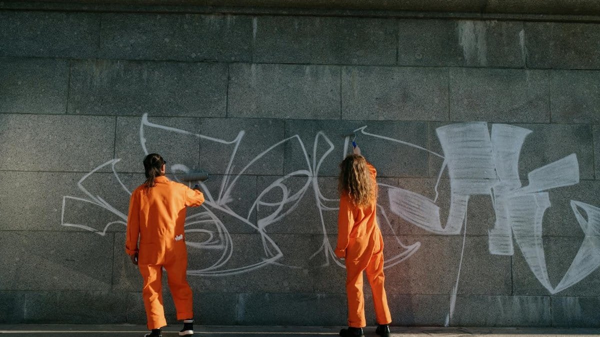 Two community service workers in orange uniforms remove graffiti from a concrete wall outdoors.